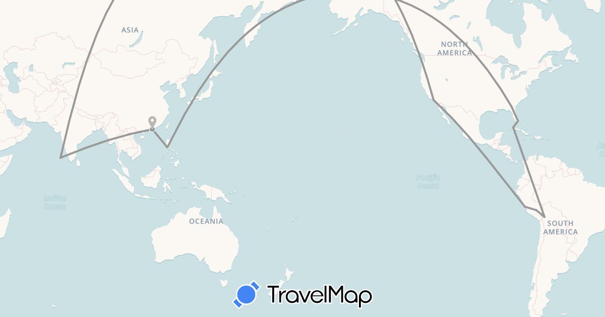 TravelMap itinerary: driving, plane in Bolivia, China, Cuba, Peru, Philippines, United States (Asia, North America, South America)